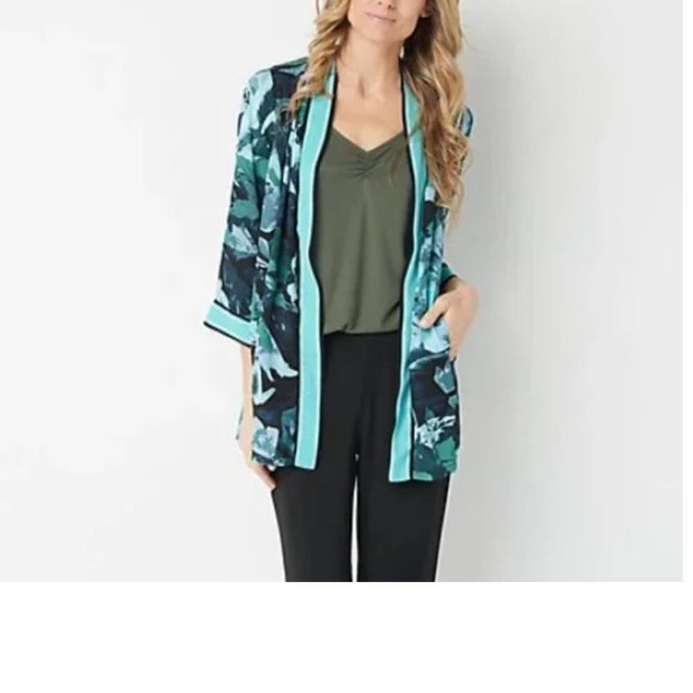 Bob Mackie Wearable Art Turq Watercolor Print Kimono Cover-Up Cardigan Sz M Nwt